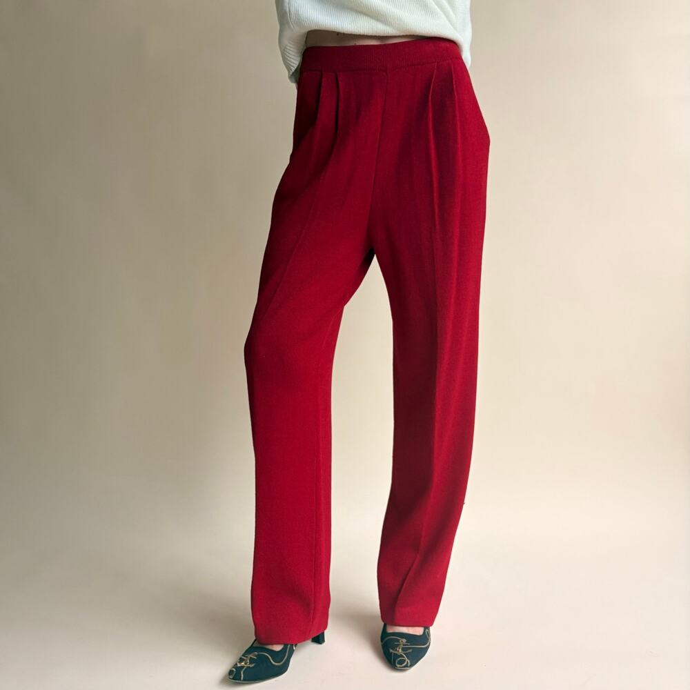 St. John Red Pleated Wide Leg Knit Pants - Elastic Waist, Size 4